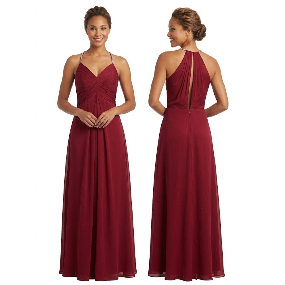 Bari Jay Gown Women‎ 6 Bordeaux Red New Rhinestone Halter Pleated Chiffon Maxi
